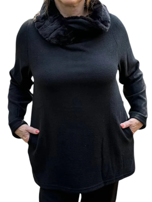 Women's Garments Fur Cowl Neck Tunic Top In Black