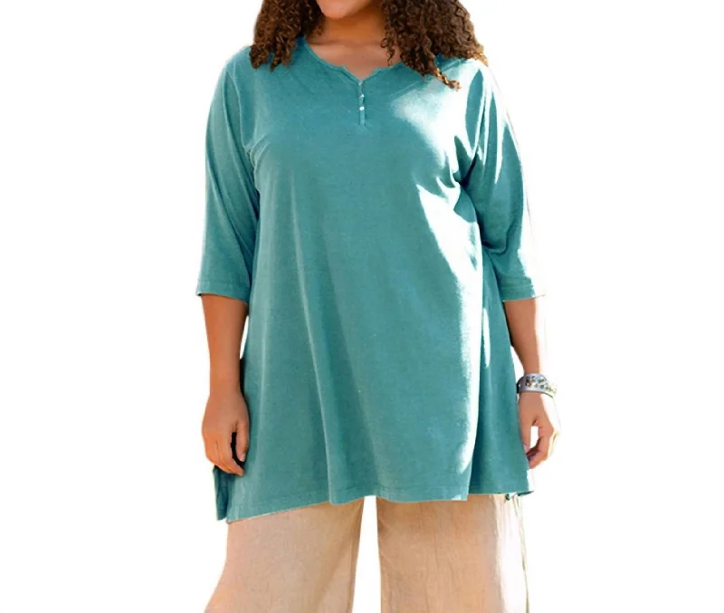 Women's Casual Garments Jersey Henley 3/4 Sleeve Tunic - Plus In Emerald Green