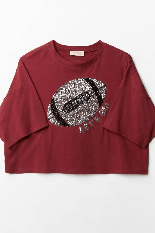 Early Bird Offer Football Sequin Patch Crop Tee In Maroon