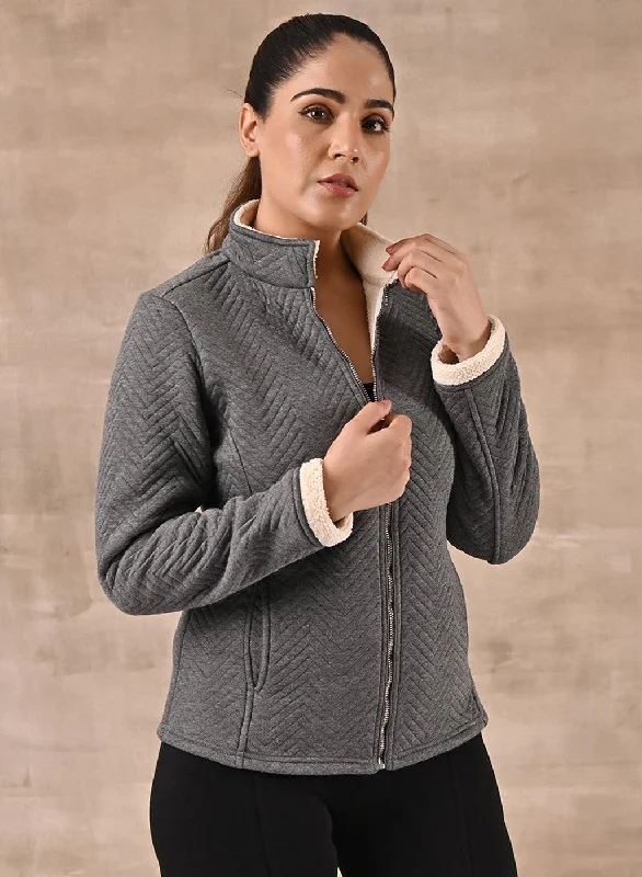 Graceful Fashion Grey Quilted Zipper Jacket with Slip Pockets