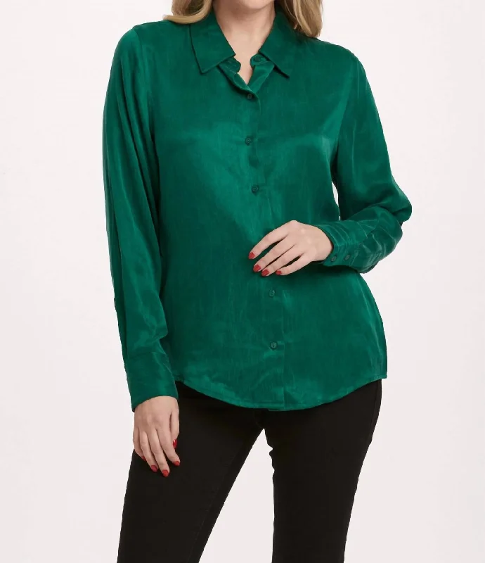 Flash Sale Or Flash Sales Birdie Button Front Long Sleeve Top In Deep Emerald