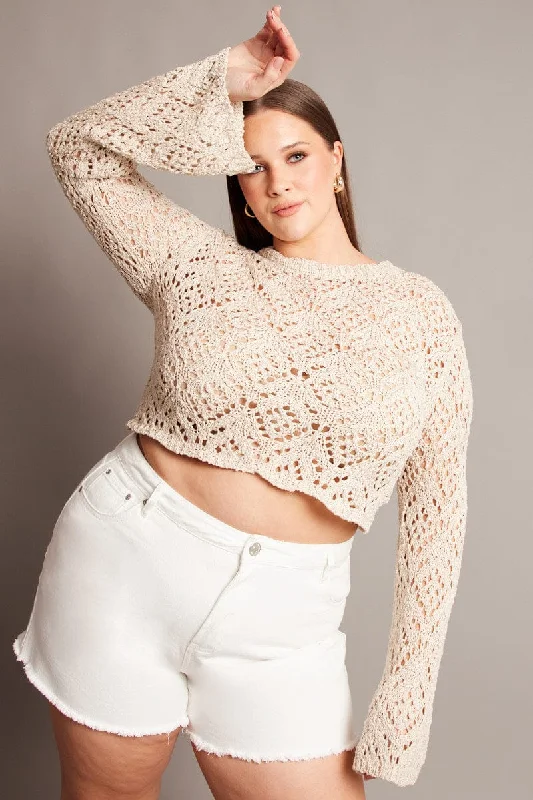 Comfortable Garments For Women Beige Crochet Knit Top Long Sleeve Crew Neck