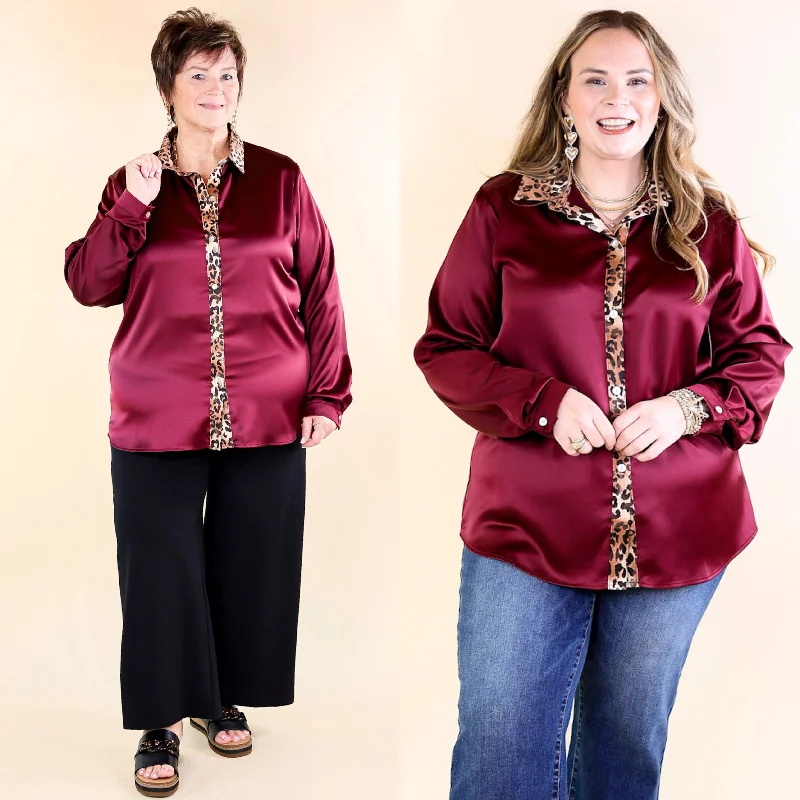 Sophisticated Style Sugar On Top Long Sleeve Button Up Satin Top with Leopard Print Trim in Maroon