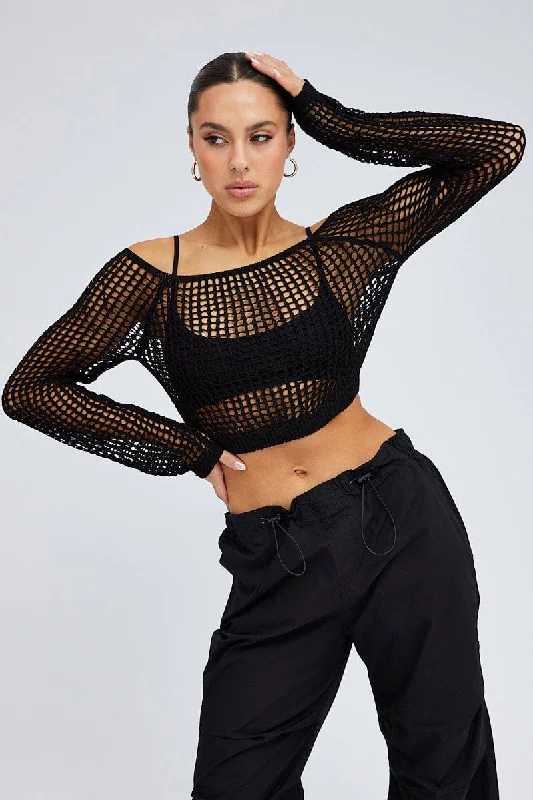 Stylish Women's Garments Black Crochet Knit Top Long Sleeve Square Neck