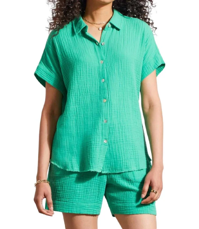 Women's Formal Event Outfit Cotton Gauze Button-Up Shirt With Short Sleeves In Jademist