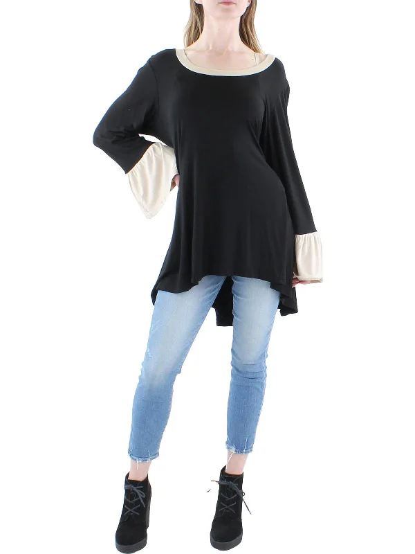 Trendy Women's Dresses Online Plus Womens Ruffled Sleeves Contrast Trim Pullover Top