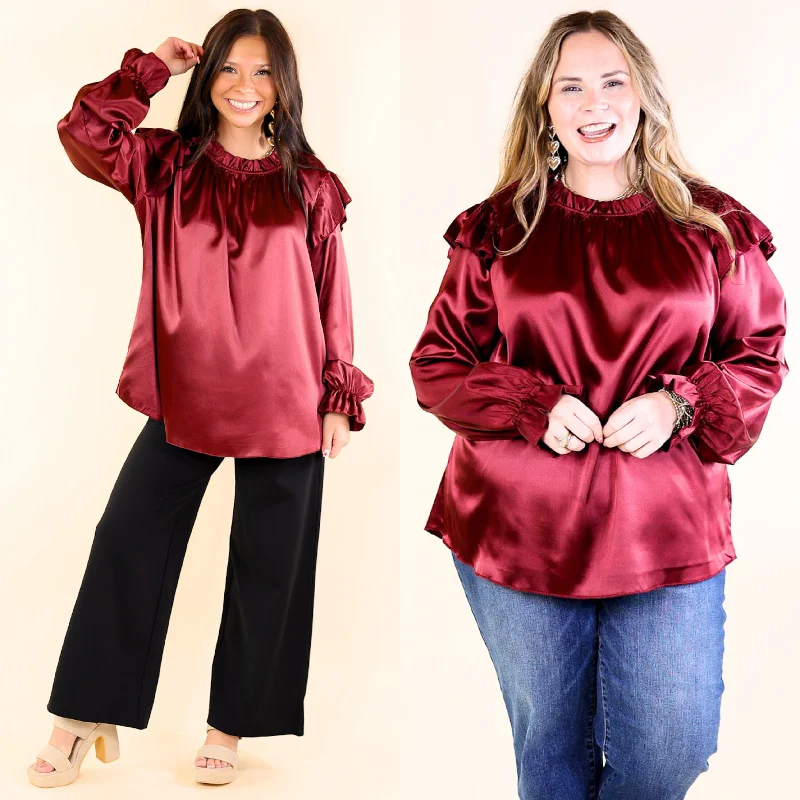 City Fashion Can't Stop Me Ruffle Mock Neck Long Sleeve Satin Top in Maroon