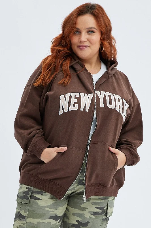 Women's Stylish Professional Apparel Brown Zip Hoodie Jacket New York Embroidery