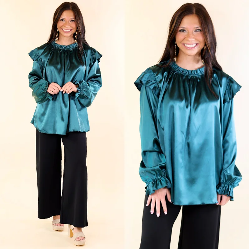 Bold Prints Casual Chic Can't Stop Me Ruffle Mock Neck Long Sleeve Satin Top in Dark Teal