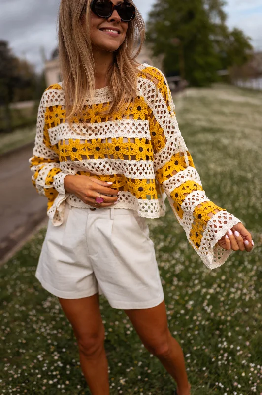 Women's Holiday Outfit Ecru and Yellow Crochet Taylor Blouse