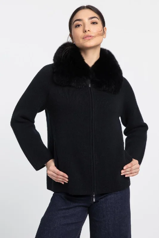 Luxury Fashion Kinross Cashmere Fox Fur Collar Zip Cardigan