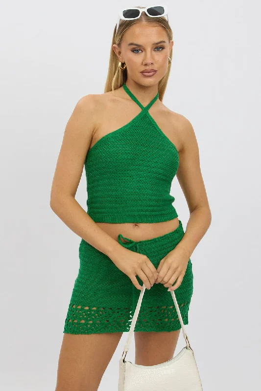 Women's Resort Garments Green Knit Top Halter Neck