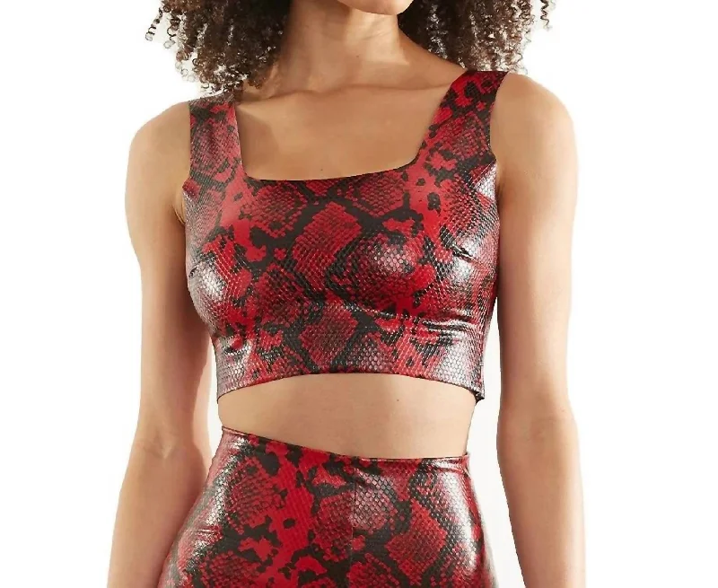 Flash Discount Faux Leather Animal Squareneck Crop Top In Red Snake