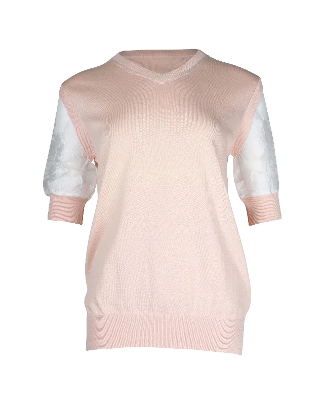 Women's Fashion Clothing Chloe V-neck Sheer Short Sleeve Top in Pink Cotton