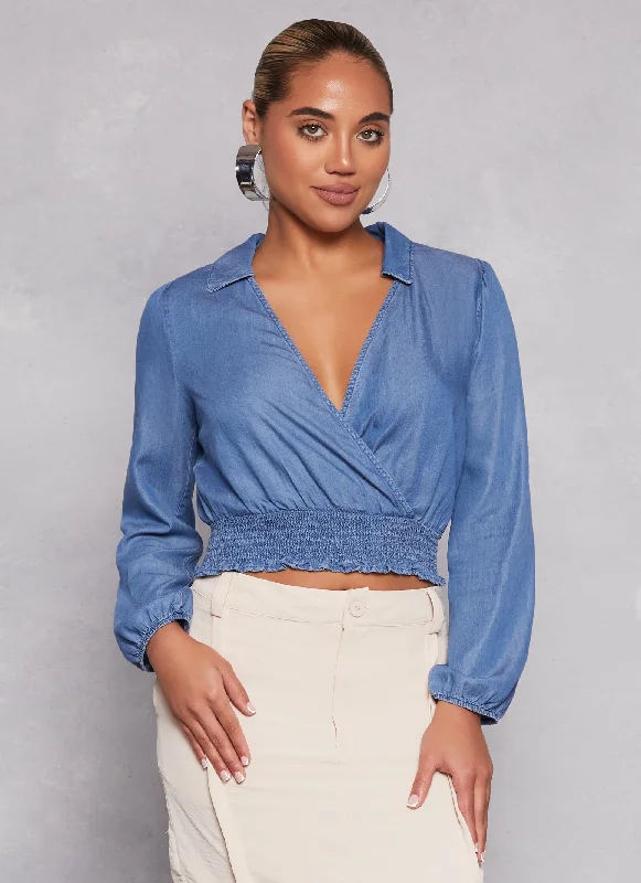 Flash Discount Chambray Faux Wrap Crop Top