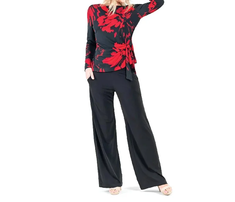 Women's Everyday Attire Side Tie Waist Tunic Top In Red/black