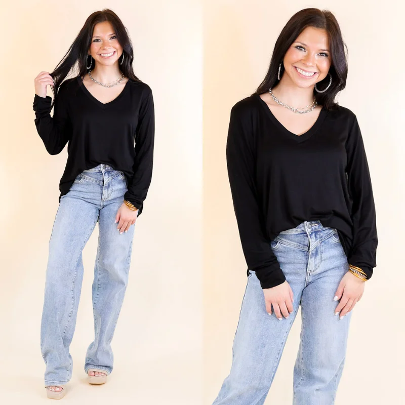 Outlet Clothing It's That Simple Solid V Neck Long Sleeve Tee in Black