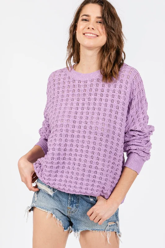 Bold Fashion Lavender Open Knit Long Sleeve Top