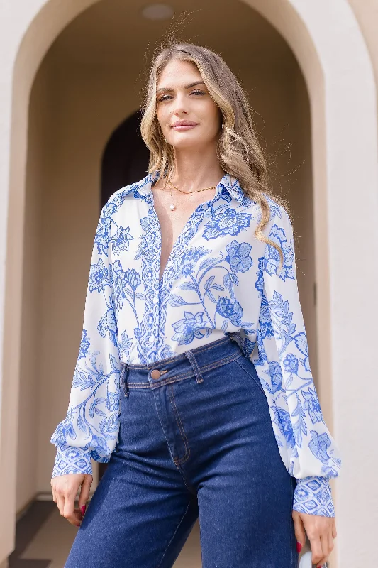 Athleisure Wear Elyse Long Sleeve Button Down Floral Print Top Blue