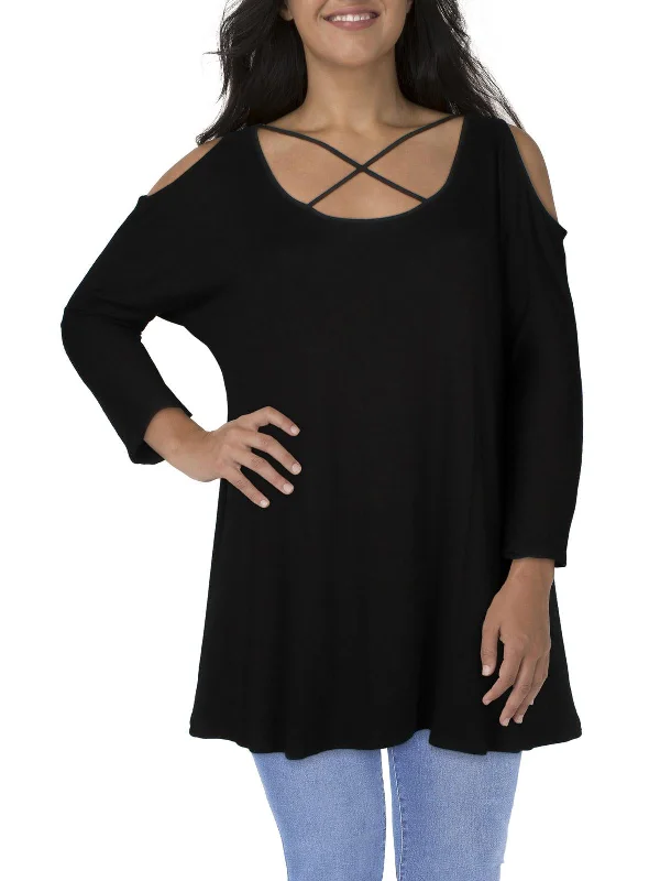 Classic Women's Clothing Styles Plus Womens Criss-Cross Front Cold Shoulder Tunic Top