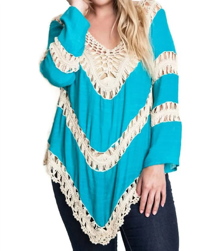 Women's Trendy Casual Outfit Bohemian Lacy Crochet Trim Tunic In Teal