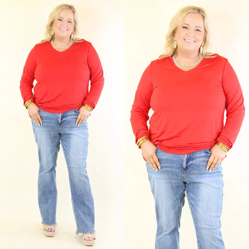 Online Clothing Stores Plus Size | It's That Simple Solid V Neck Long Sleeve Tee in Red