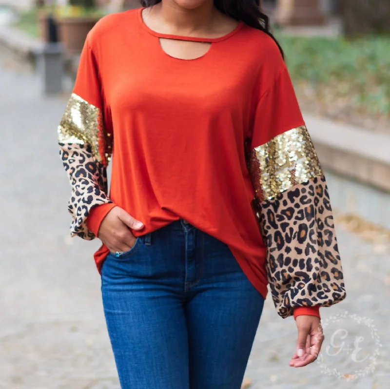 Minimalist Style About Last Night Cut Out Top With Balloon Long Sleeve Top In Burnt Orange