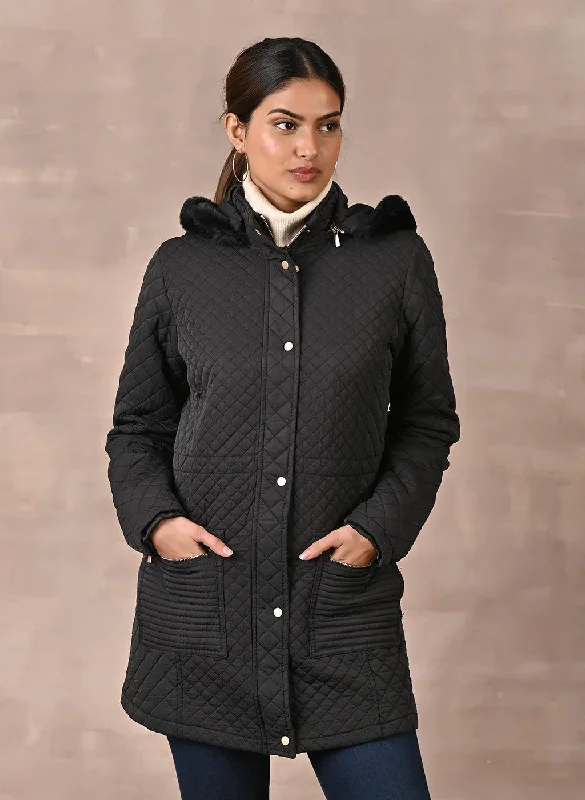 Free Spirited Fashion Black Quilted Jacket with attached Hood