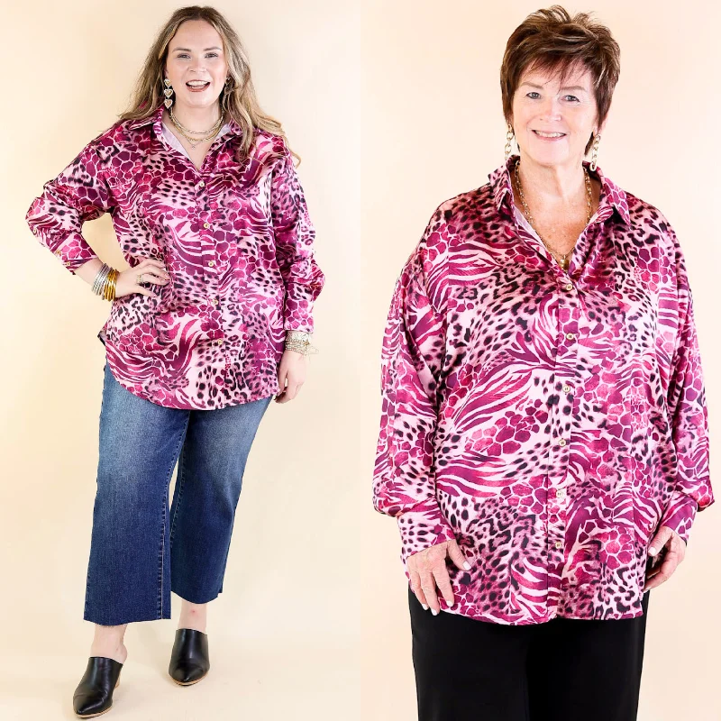 Women Apparel Tell Me Something Good Mixed Animal Print Long Sleeve Button Up Top in Magenta Purple