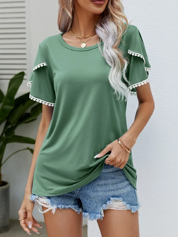 Relaxed Style Pom-Pom Trim Flutter Sleeve Round Neck T-Shirt