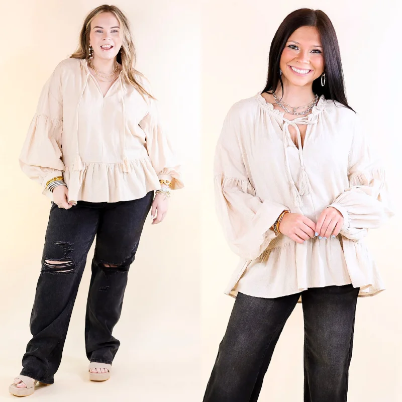 Best Online Boutiques Free Fallin' Textured Long Sleeve Peplum Top with Keyhole Front in Beige