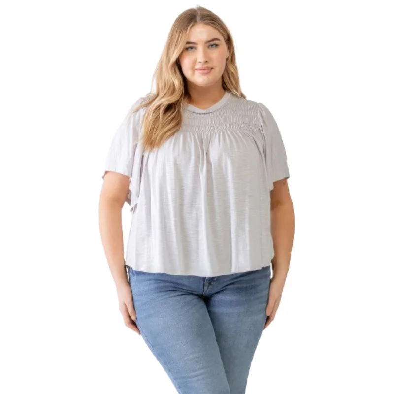 Chic Women's Garments Plus Grey Cotton Blend Smoked Short Sleeve Top