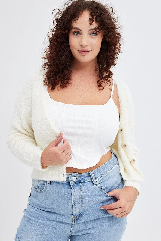 Clothes Woman White Knit Cardigan Long Sleeve Fluffy