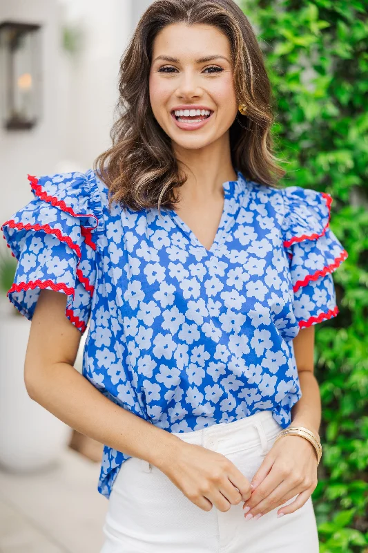 Unique Women's Fashion Pieces Waiting For You Blue Floral Rickrack Blouse