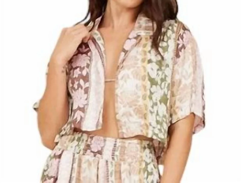 Best Online Boutiques For Women Satin Printed Cropped Button Up In Pacific Tropical