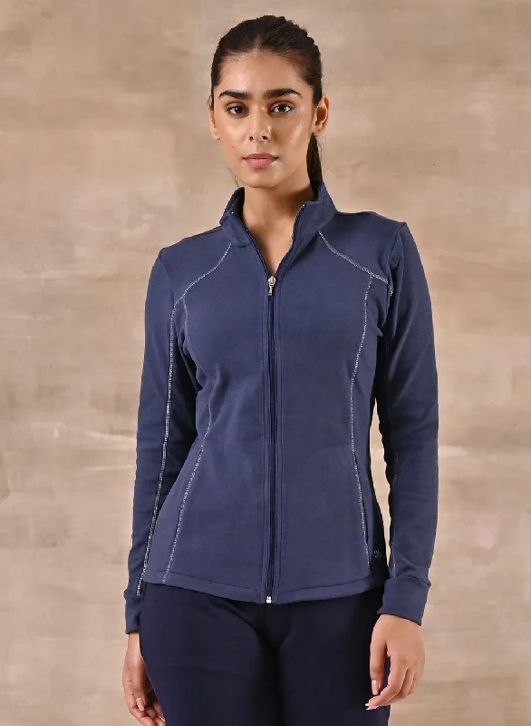 Timeless Elegance Blue Woolen Zip-front High-neck Jacket