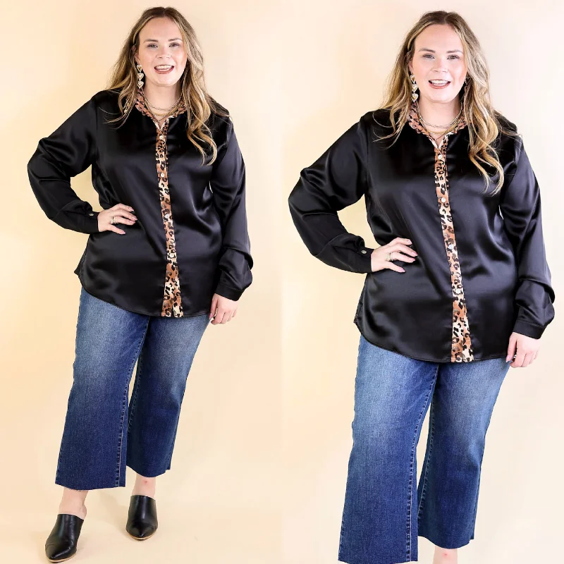 Luxury Fashion Sugar On Top Long Sleeve Button Up Satin Top with Leopard Print Trim in Black