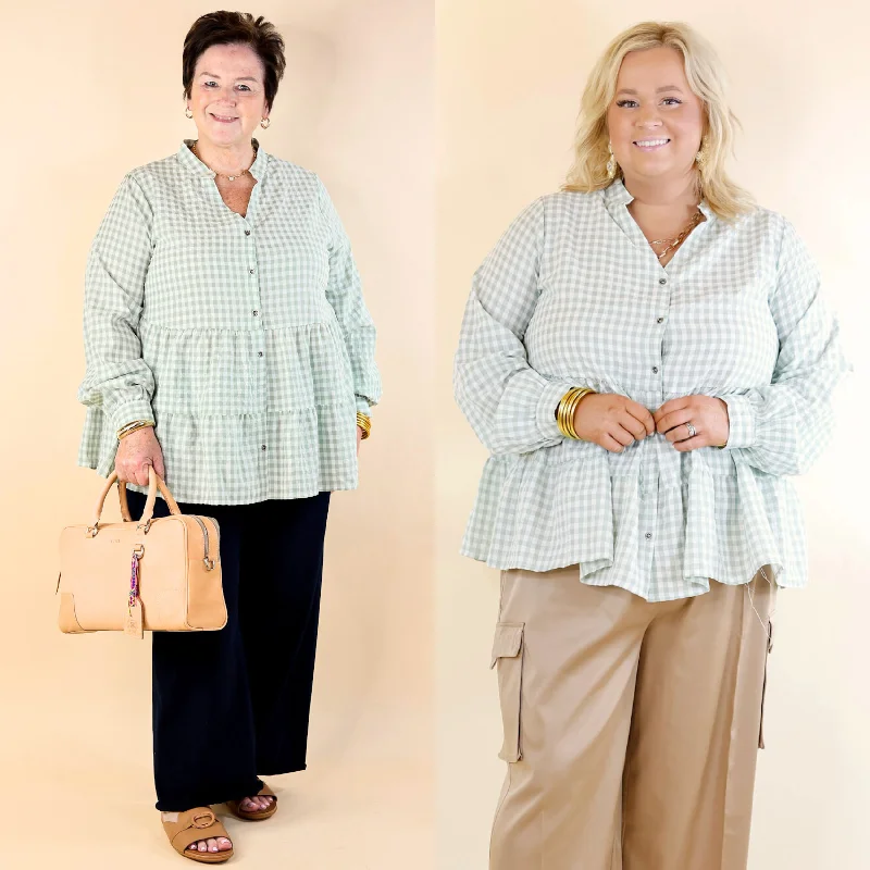 Women's Clothing Sale Wonderful Wishes Button Up Gingham Top with Long Sleeves in Sage Green