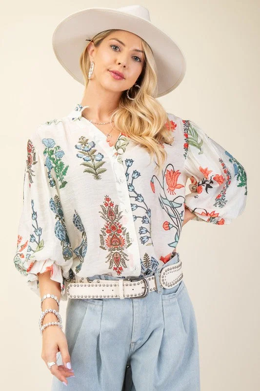 Seasonal Sale Adele Long Sleeve Button Down Floral Print Print Top White