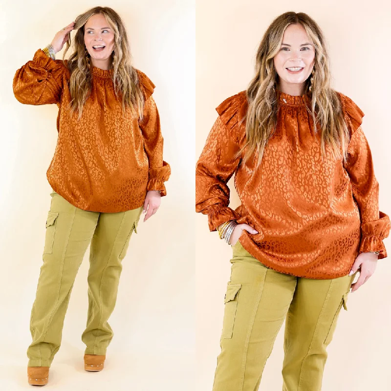 Big Sale Event Can't Stop Me Ruffle Mock Neck Long Sleeve Leopard Print Satin Top in Rust Orange