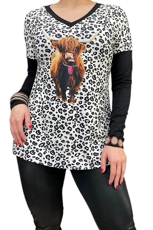 Clothing Woman Leopard Long Sleeve Top With Highland Cow In Black/white