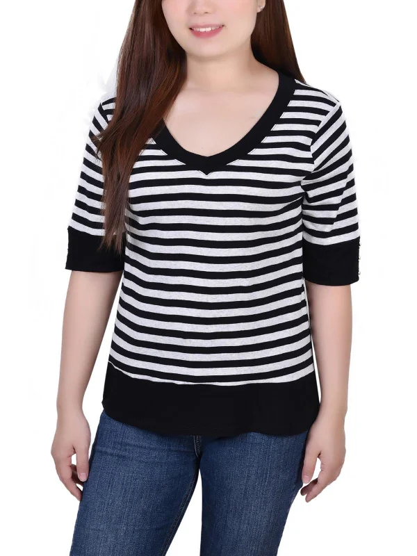 Effortless Chic for Women Petites Womens Button Sleeves Cotton Pullover Top