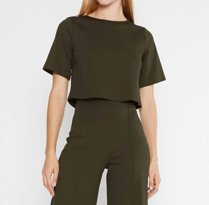 Modern Women's Outfit Ponte Knit Short Sleeve Top In Olive