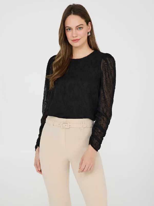 Women's Professional Garments Puff Sleeve Textured Popover Blouse