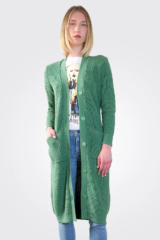 Online Boutiques Affordable Cotton Cashmere Belted Ribbed Cardigan - Golf Green