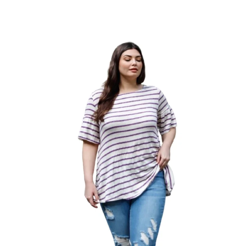 Women's Outerwear Apparel Plus Stripe Bell Short Sleeve Top