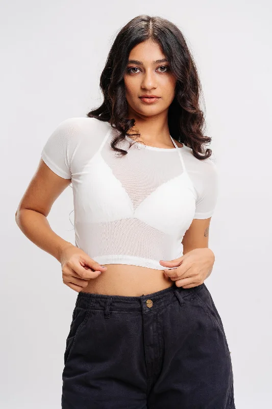 Women's Clothes White Mesh Crop Top