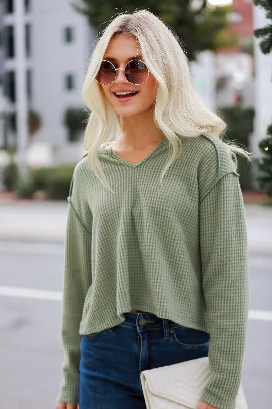 Casual Garments For Women FINAL SALE - All Day Fave Sage Brushed Waffle Knit Top - DOORBUSTER