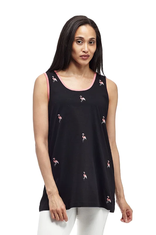 Vintage Women's Fashion Cotton Knit Tank with Flamingo Embroidery