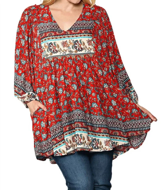 Women's Seasonal Garments Edgy Plus: Amirah Crimson Mix Tunic In Crimson Multi